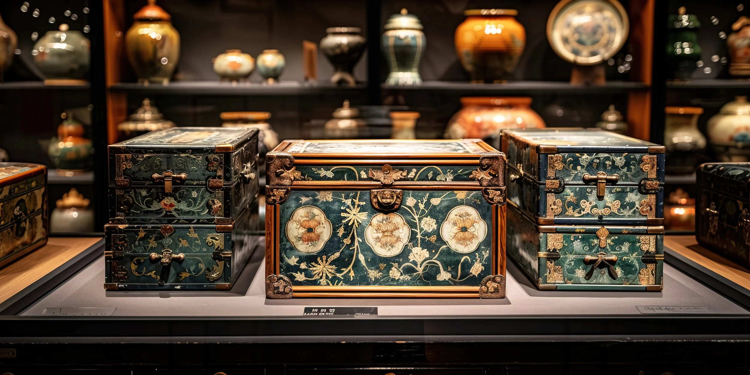 Three ornate decorated boxes with detailed floral and pattern designs, displayed on a museum or gallery shelf with similar vases and artifacts in the background.