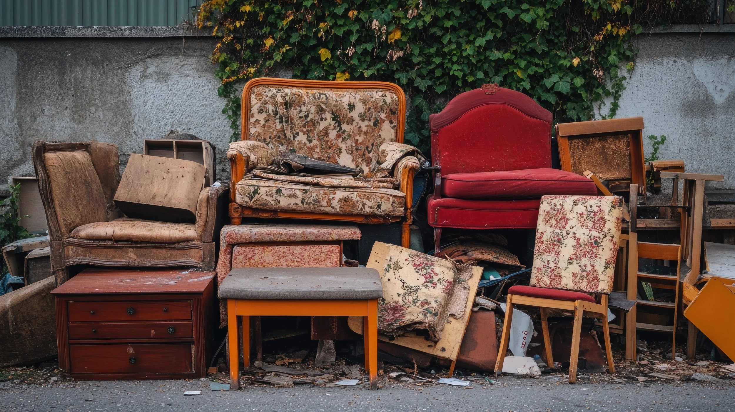 Pile of discarded furniture including vintage armchairs, a small wooden dresser, a cushioned stool, a small upholstered chair, and various broken wood pieces outside against a wall with green ivy.