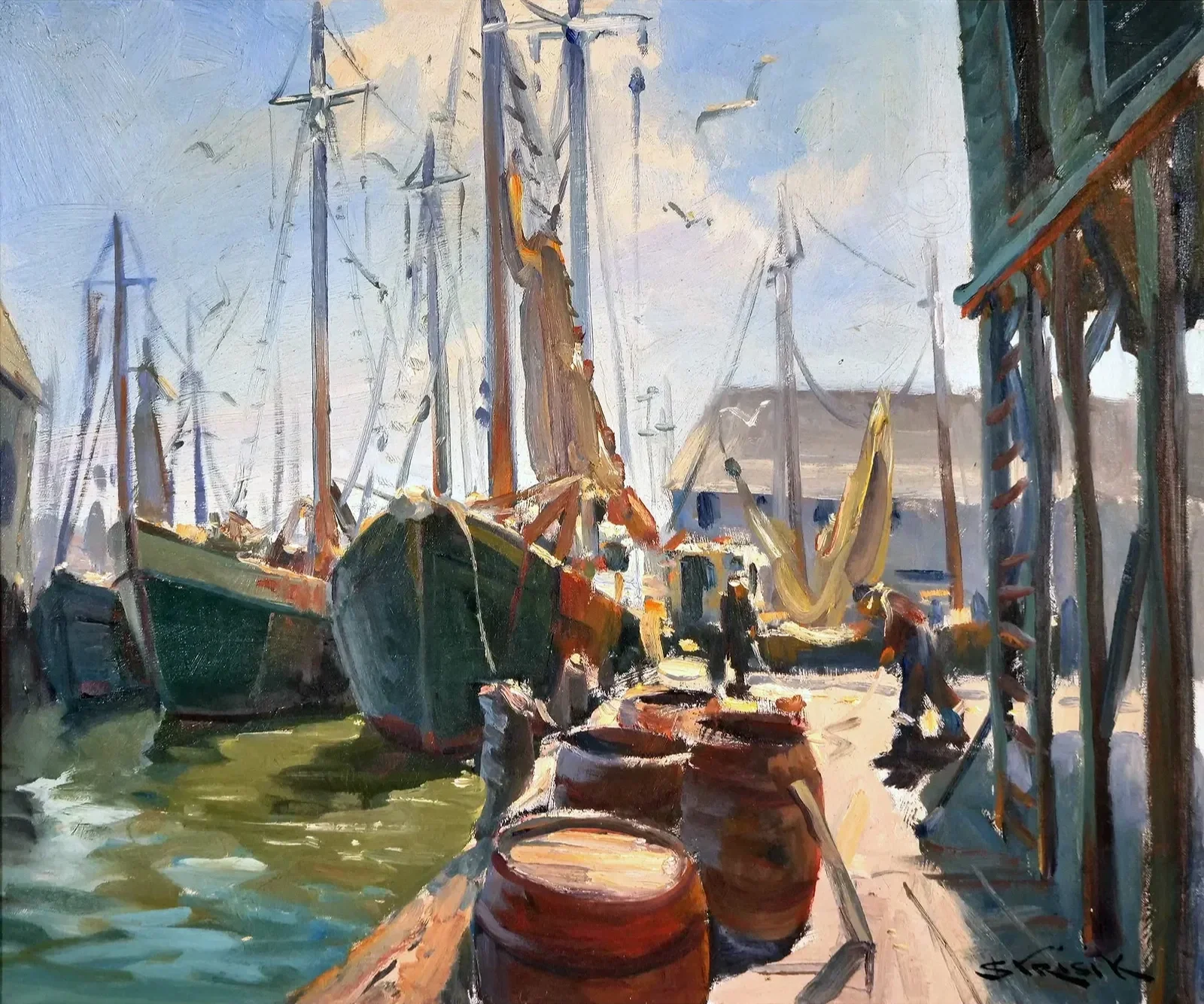 A painting of a marina with boats docked along the pier, by American painter Paul J. Strisik, featuring masts, water, and some barrels in the foreground, auctioned and photographed by ACES Gallery.