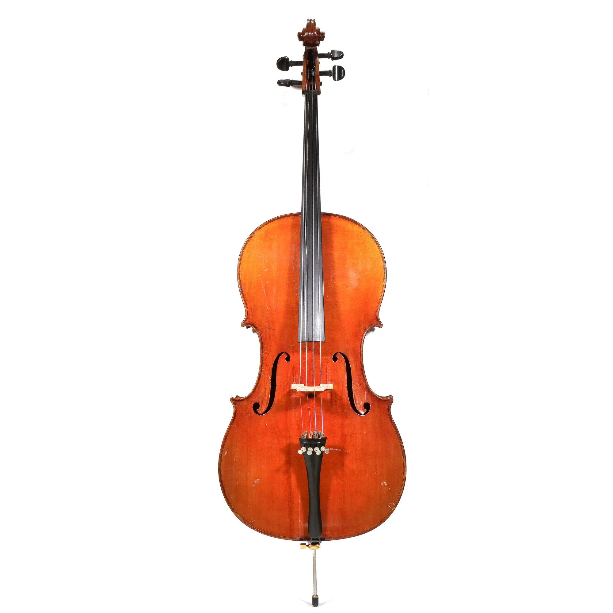 A wooden cello with a reddish-brown finish and black tuning pegs, strings, and fingerboard, positioned upright against a white background, auctioned and photographed by ACES Gallery.