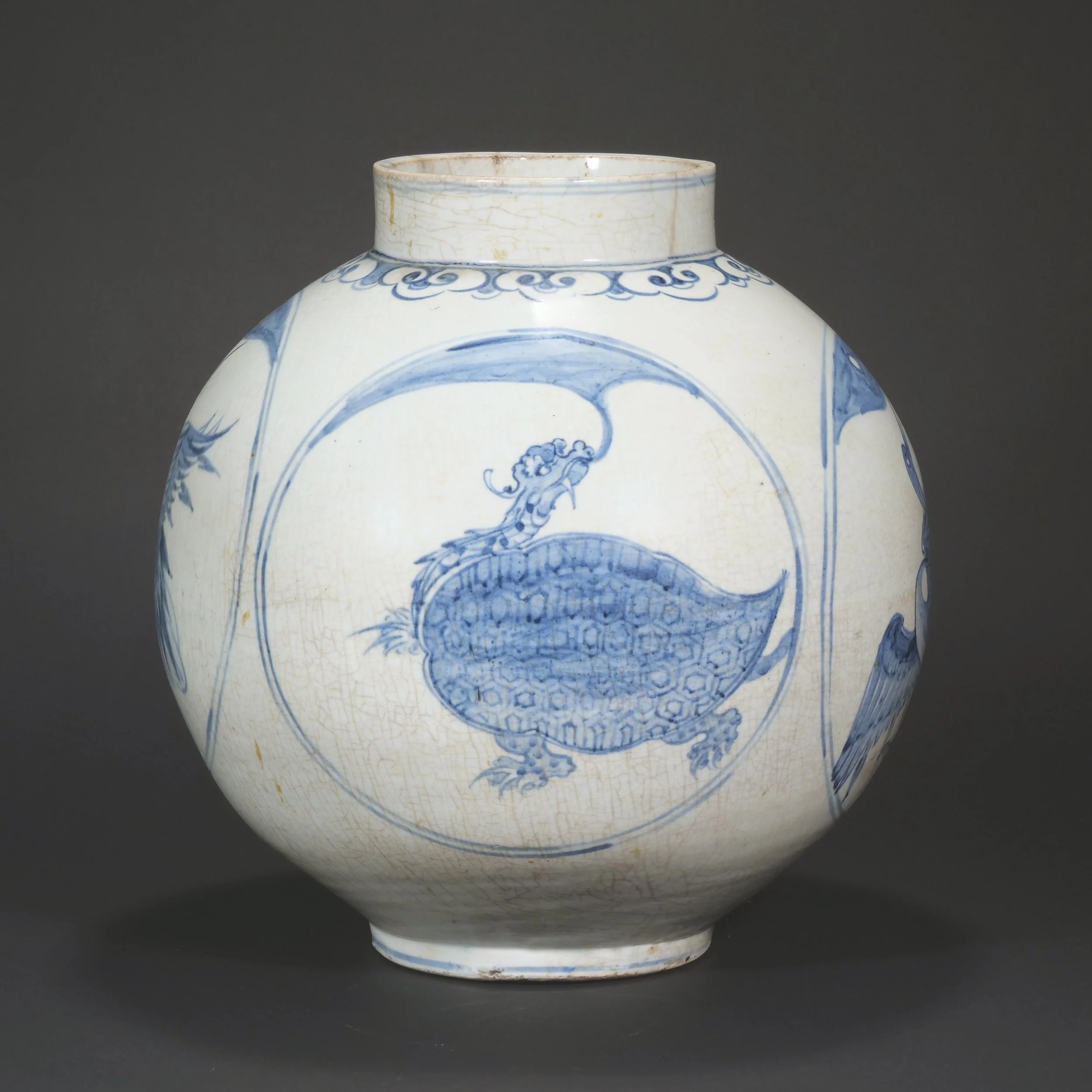 A KOREAN JOSEON DYNASTY "CRANE & TORTOISE" OVOID VASE | $2,000 - 4,000