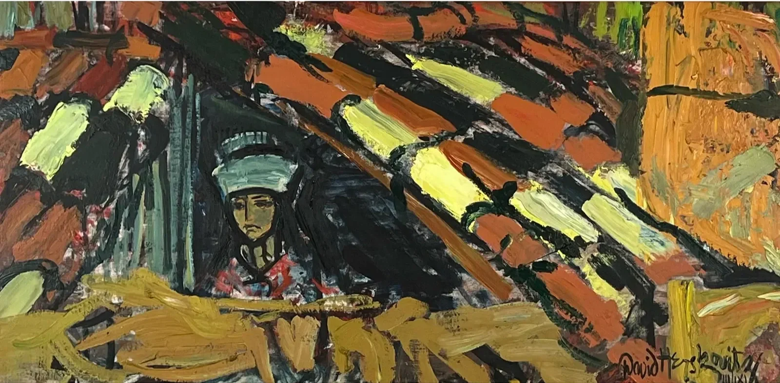 A modern painting of a woman wearing a headscarf looking out from amidst an abstract background of colorful, textured brushstrokes, auctioned and photographed by ACES Gallery.