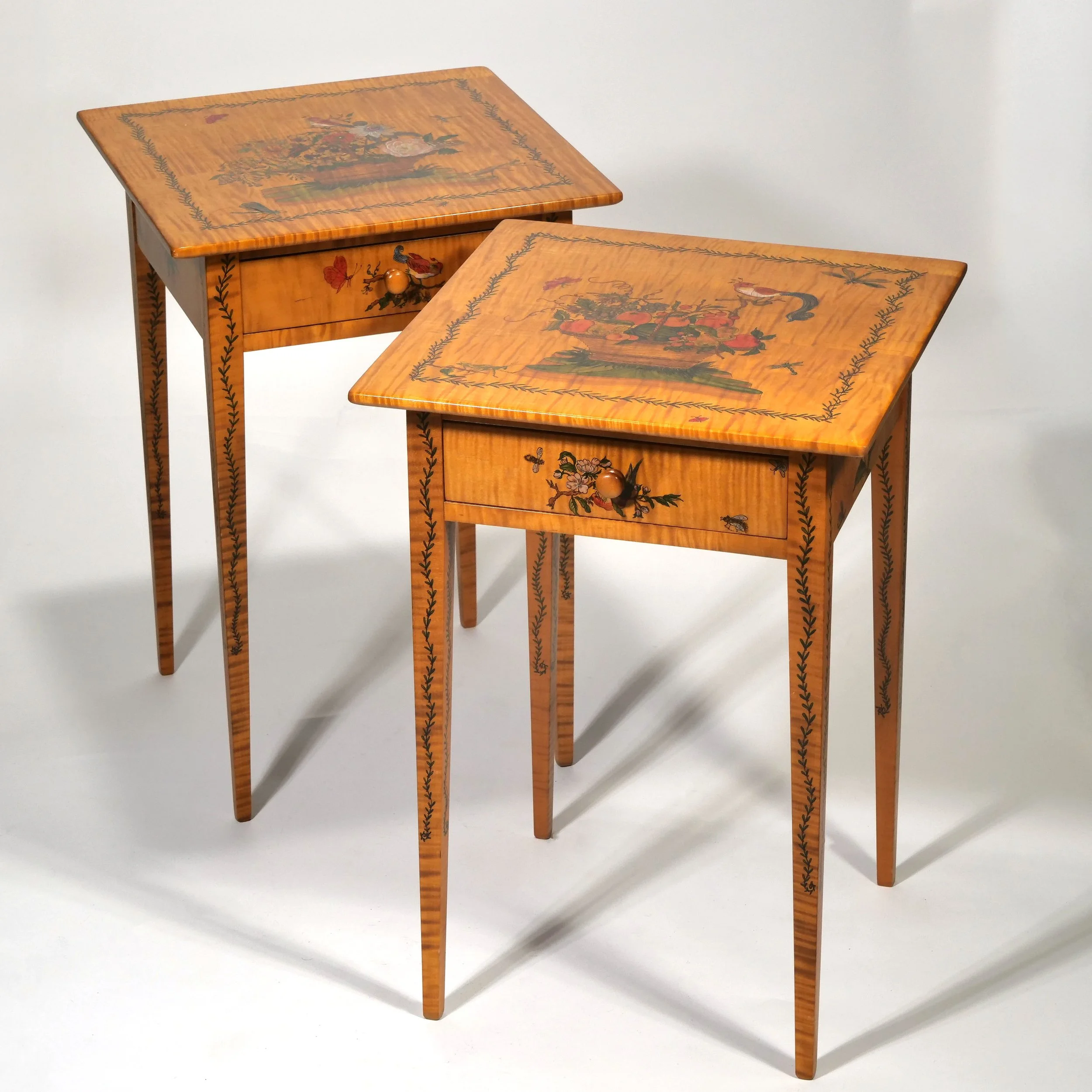 PAIR BETSY KRIEG SALM PENWORK DECORATED SIDE TABLES