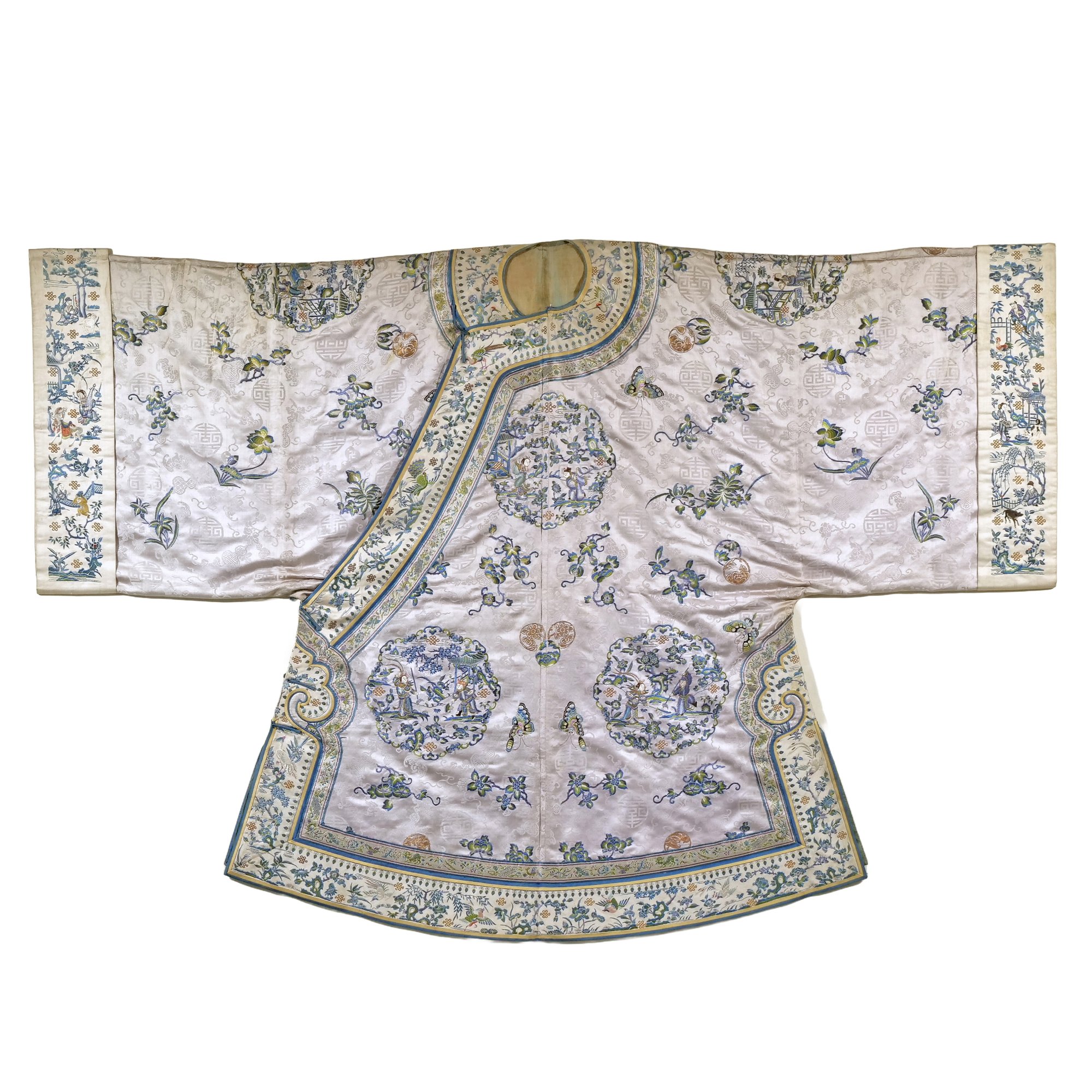 A Chinese embroidered silk robe decorated with floral patterns in blue and gold, featuring a rounded collar and wide sleeves, auctioned and photographed by ACES Gallery.
