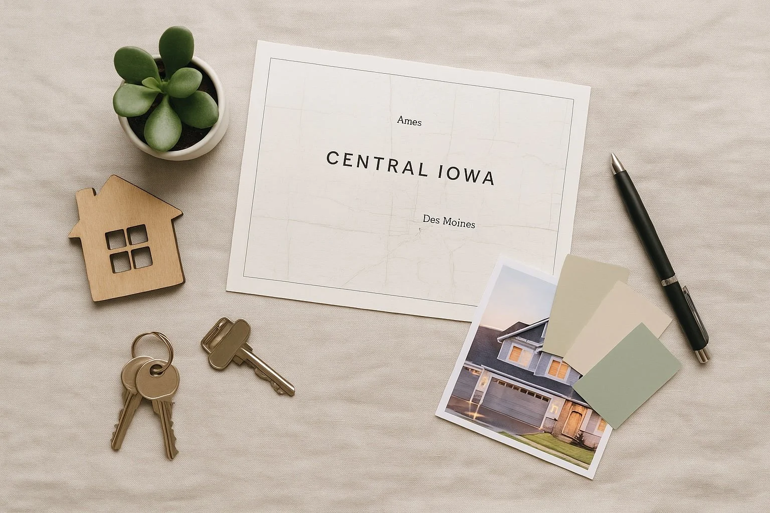 A flat lay of a house painting and interior design setup, including a pot of succulent plant, a wooden house keychain, a set of keys, a pen, paint swatches, a photo of a house, and a New Home certificate with the words 'Ames' and 'Des Moines' on a beige fabric surface.