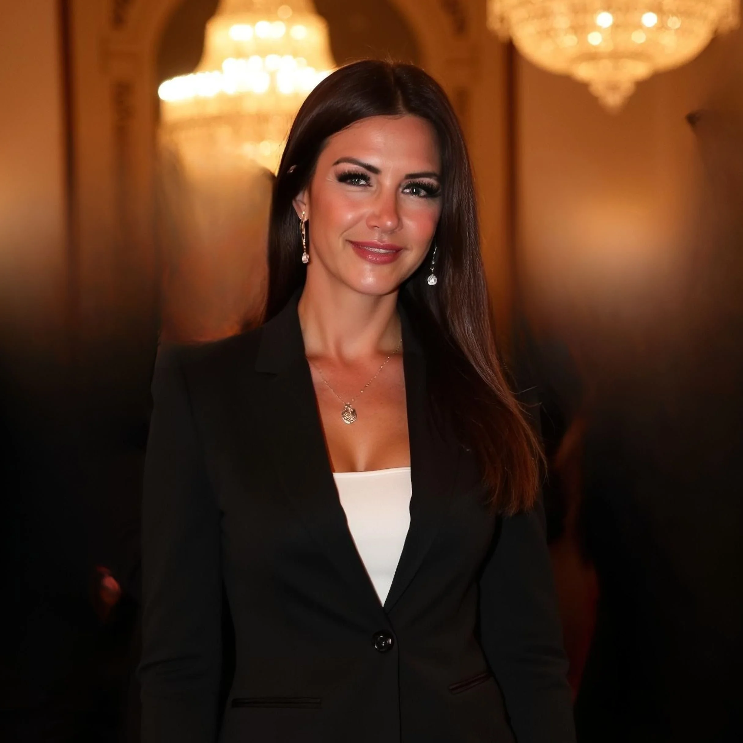 A woman with long dark hair wearing a black blazer and white top, smiling, with elegant jewelry including earrings and a necklace, in a luxurious setting with chandeliers and warm lighting.