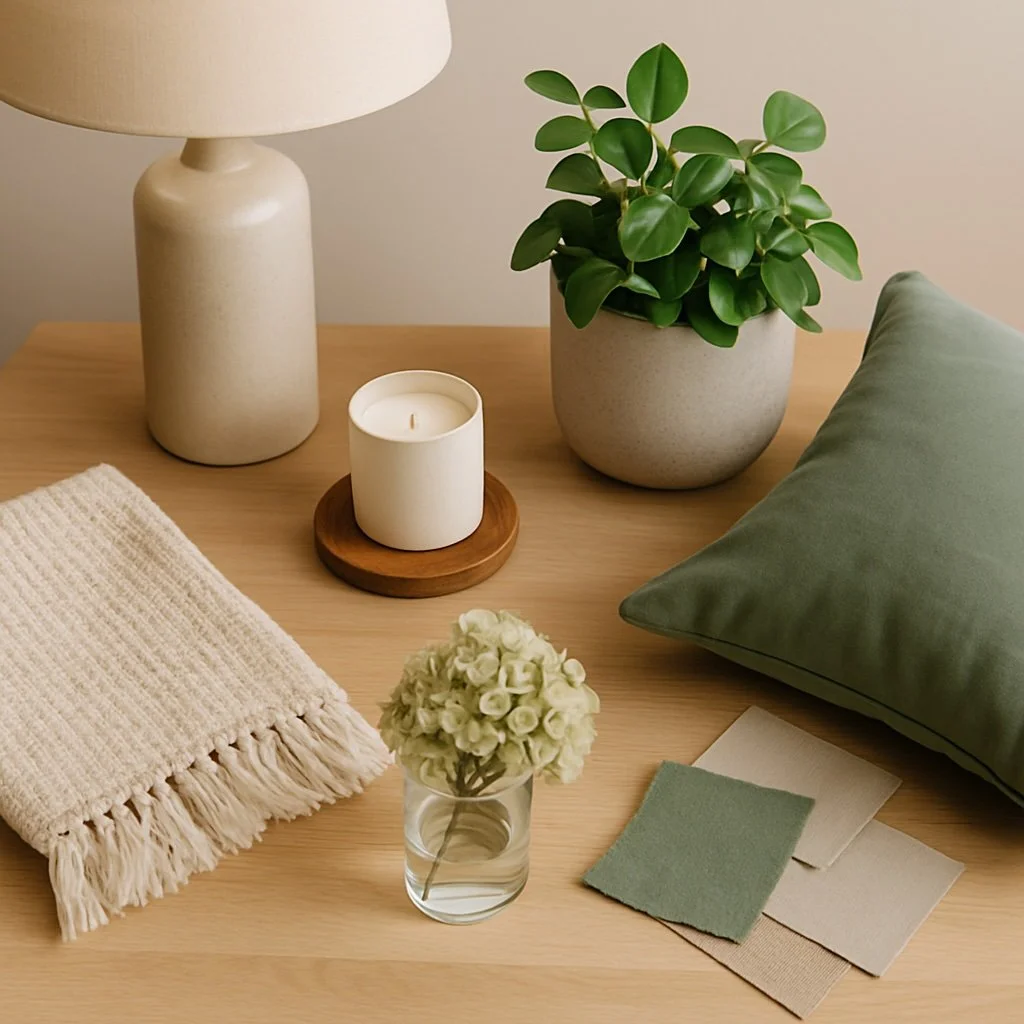 Decorative table setup with a beige lamp, green potted plant, white candle, small bouquet of white flowers, green and neutral-colored fabric samples, a green pillow, and a cream-colored textured cloth on a wooden surface.