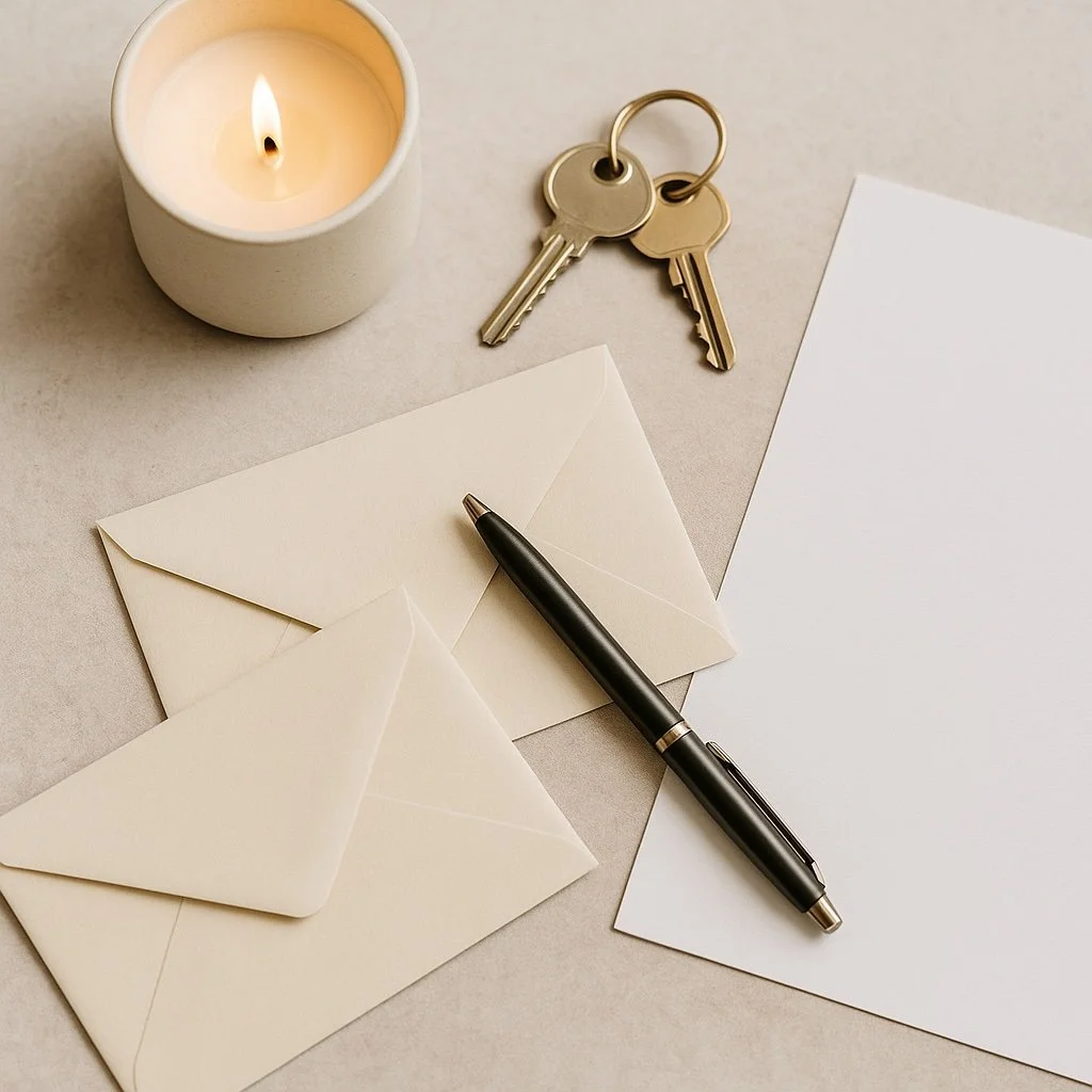 A lit candle in a white holder, a set of keys on a key ring, two cream-colored envelopes, a black pen, and a blank white sheet of paper on a light-colored surface.