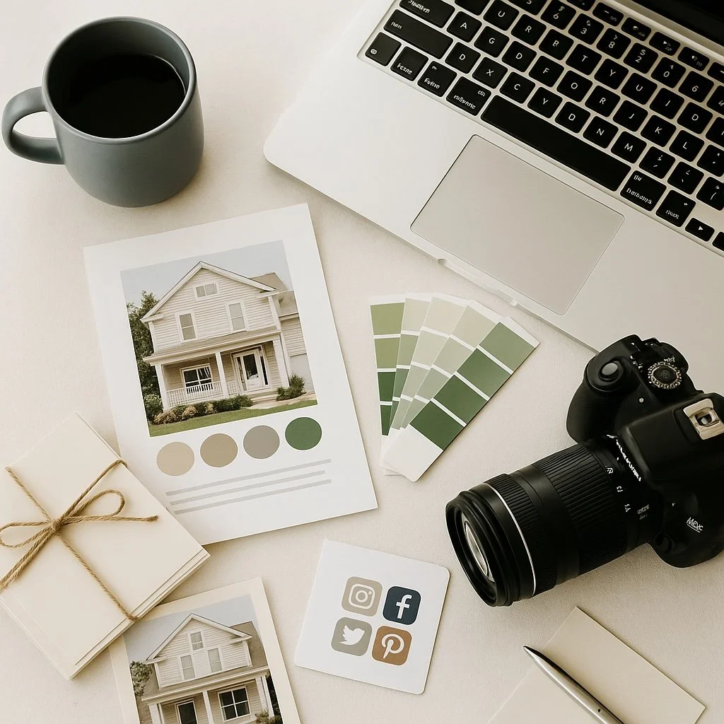 A workspace with a laptop, a black coffee mug, a camera, color swatches, a real estate flyer featuring a house, social media icons, notepads tied with string, a pen, and a printed photo of a house.