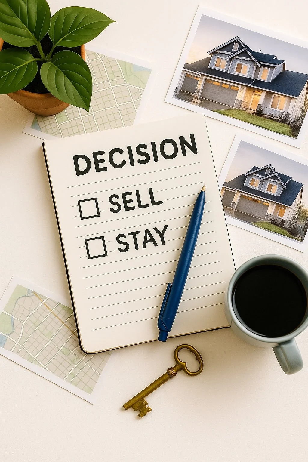A decision sheet with options to sell or stay, surrounded by house photos, a potted plant, a key, a cup of coffee, and maps.