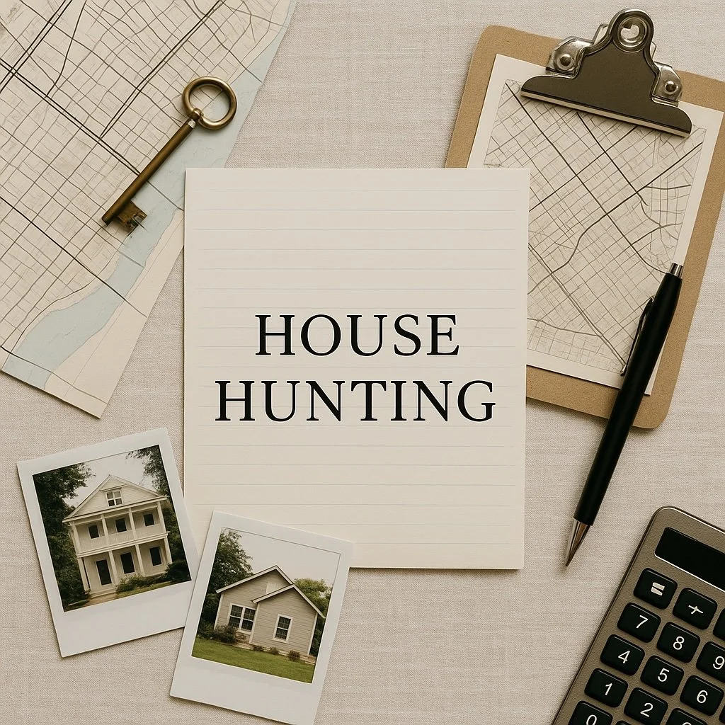 Top view of a house hunting planning setup with maps, photos of houses, a pen, a clipboard, and a calculator