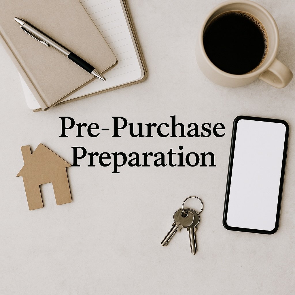 Flat lay of a notepad, pen, house-shaped cutout, smartphone, keys, and a cup of coffee with the text: 'Pre-Purchase Preparation'.