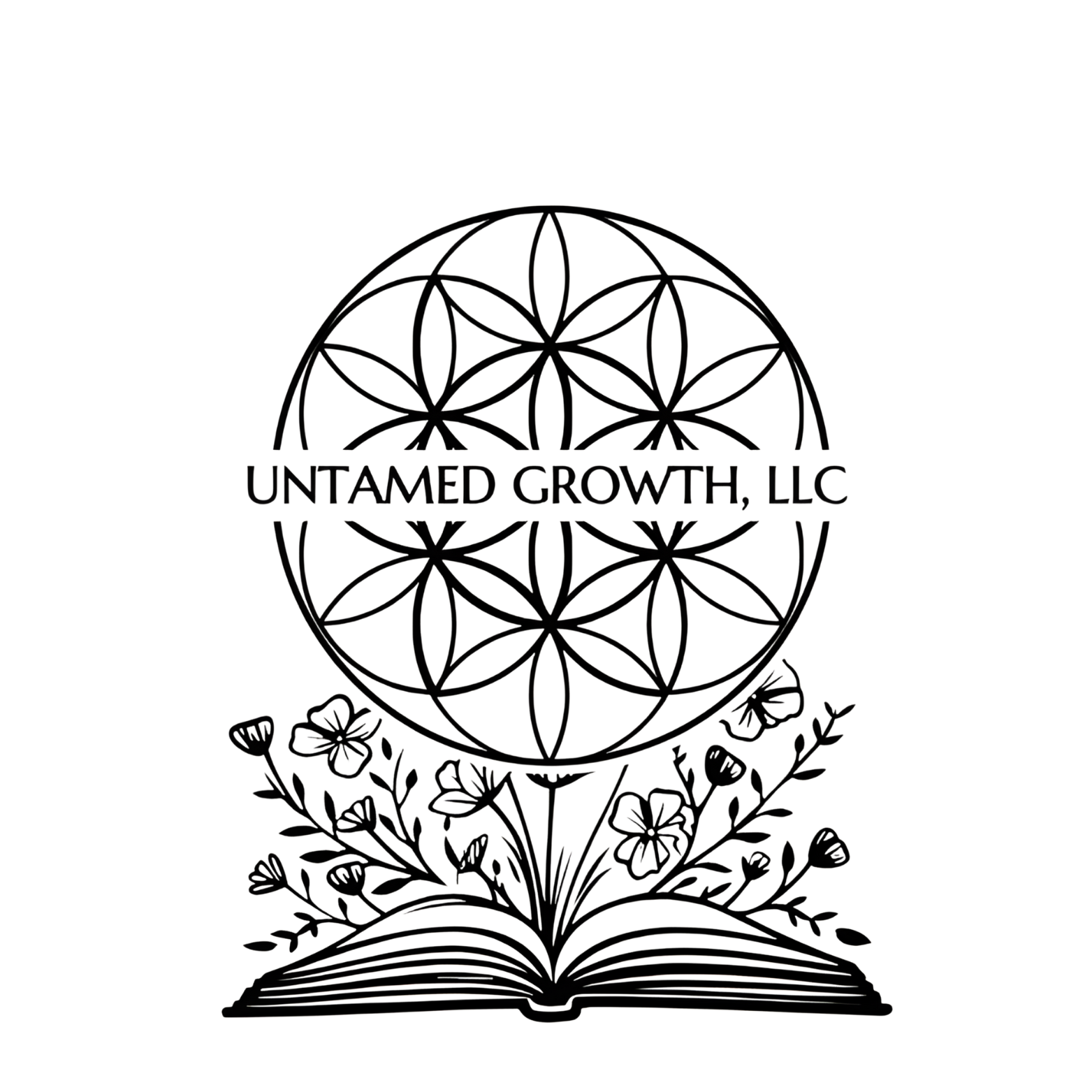 Line drawing of a logo for Untamed Growth, LLC, featuring a geometric flower of life design with a circular pattern above an open book with flowers and leaves emerging from it.