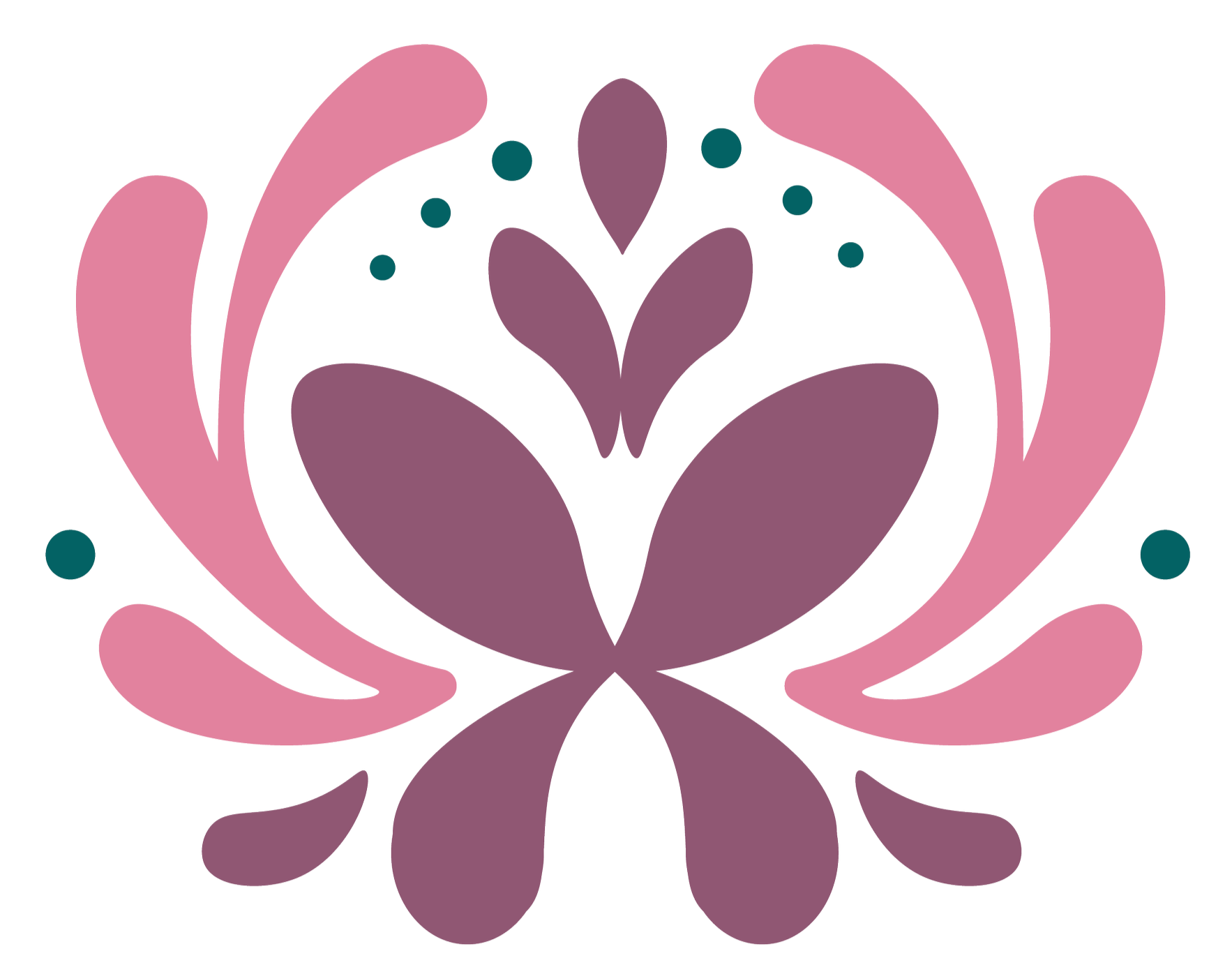 Abstract floral design with pink and purple petals and small teal dots
