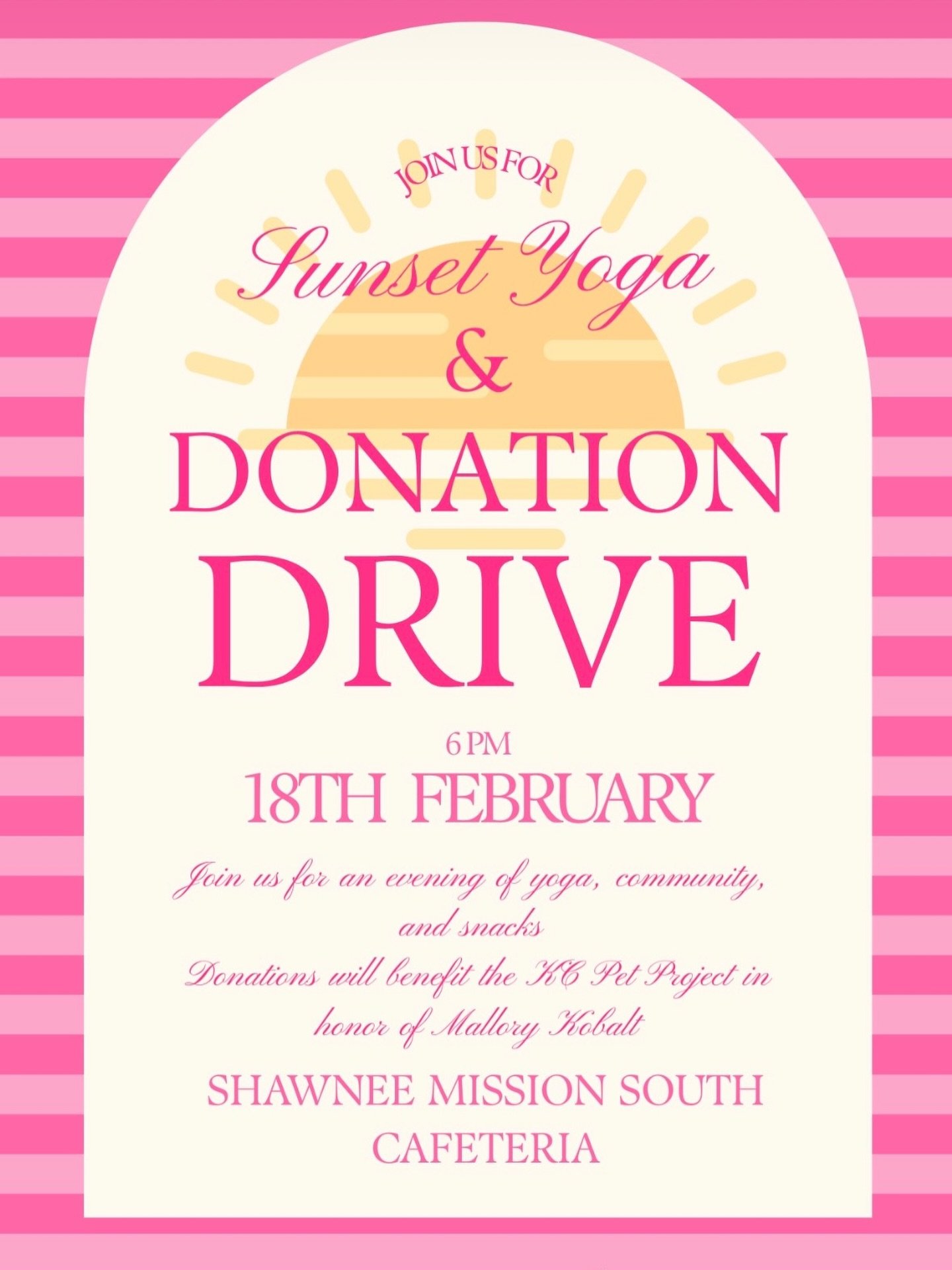 Shawnee Mission South parents 📣

Sunset Yoga &amp; Donation Drive this Wednesday, February 18 @ 6pm, SMS cafeteria. 

Donations benefit @kcpetproject in loving memory of Mallory Kobolt, our dear friend and teammate. @formallorywithlove 

Enjoy a qui
