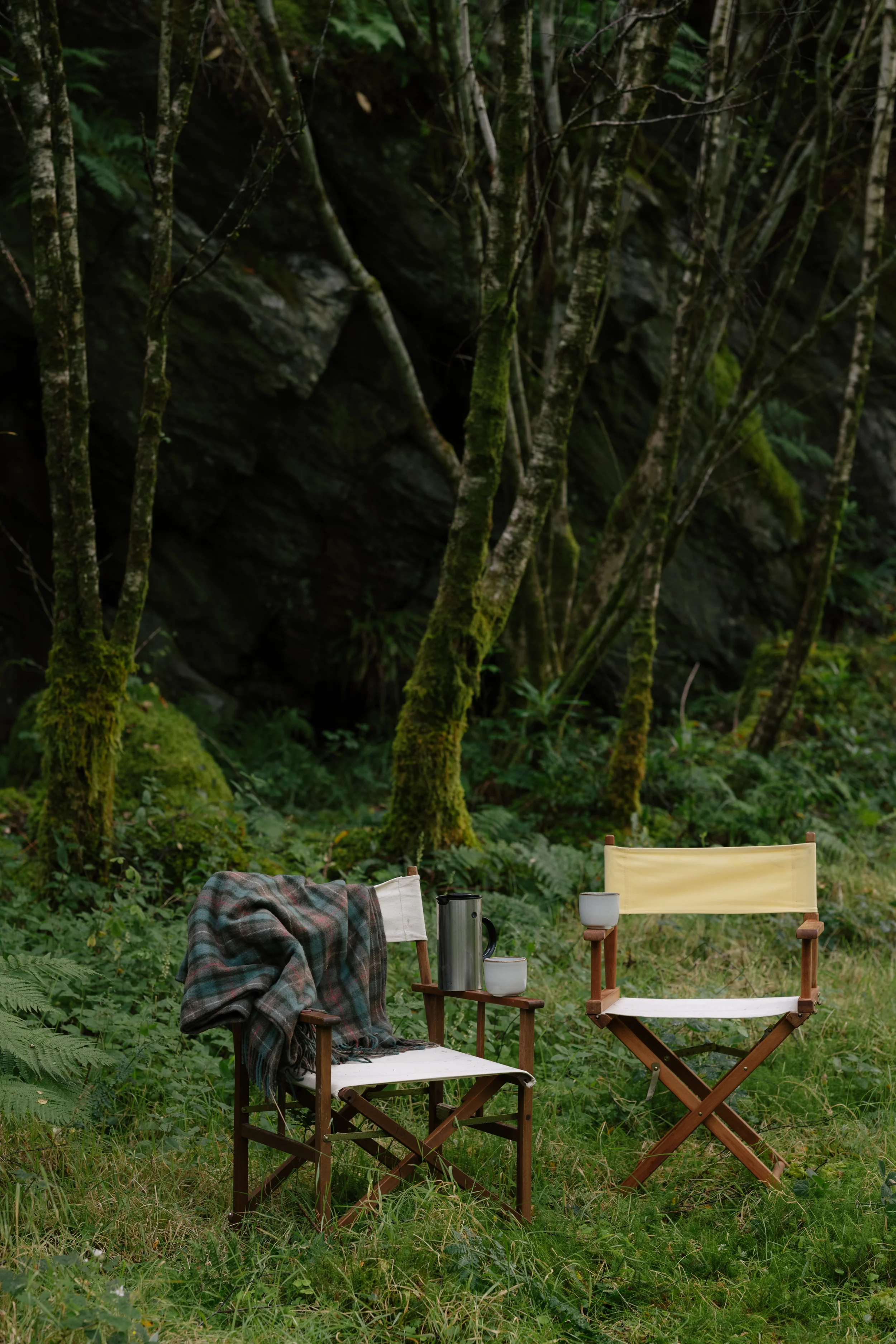 Two chairs, one with a blanket, set in a lush green forest with trees and moss, with a small table holding a thermos and cups.