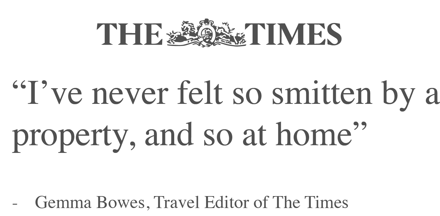 The logo of The Times newspaper at the top, with a quote below that says: "I've never felt so smitten by a property, and so at home" attributed to Gemma Bowes, Travel Editor of The Times.