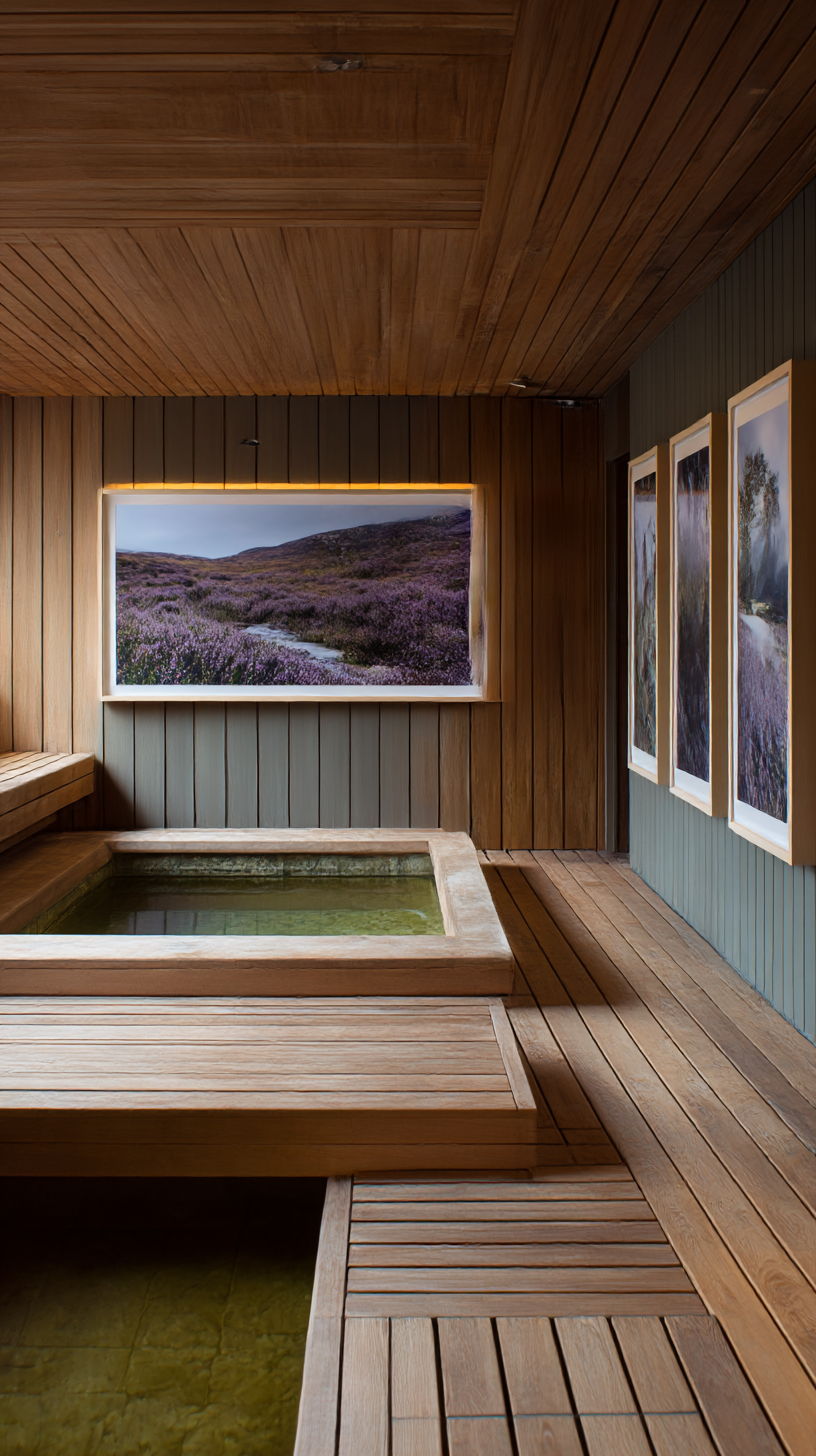 Sauna and contrast therapy room rooted in the history of viking wellness and Scottish elemental wellness, heather photographs line the walls with cold salt water pools