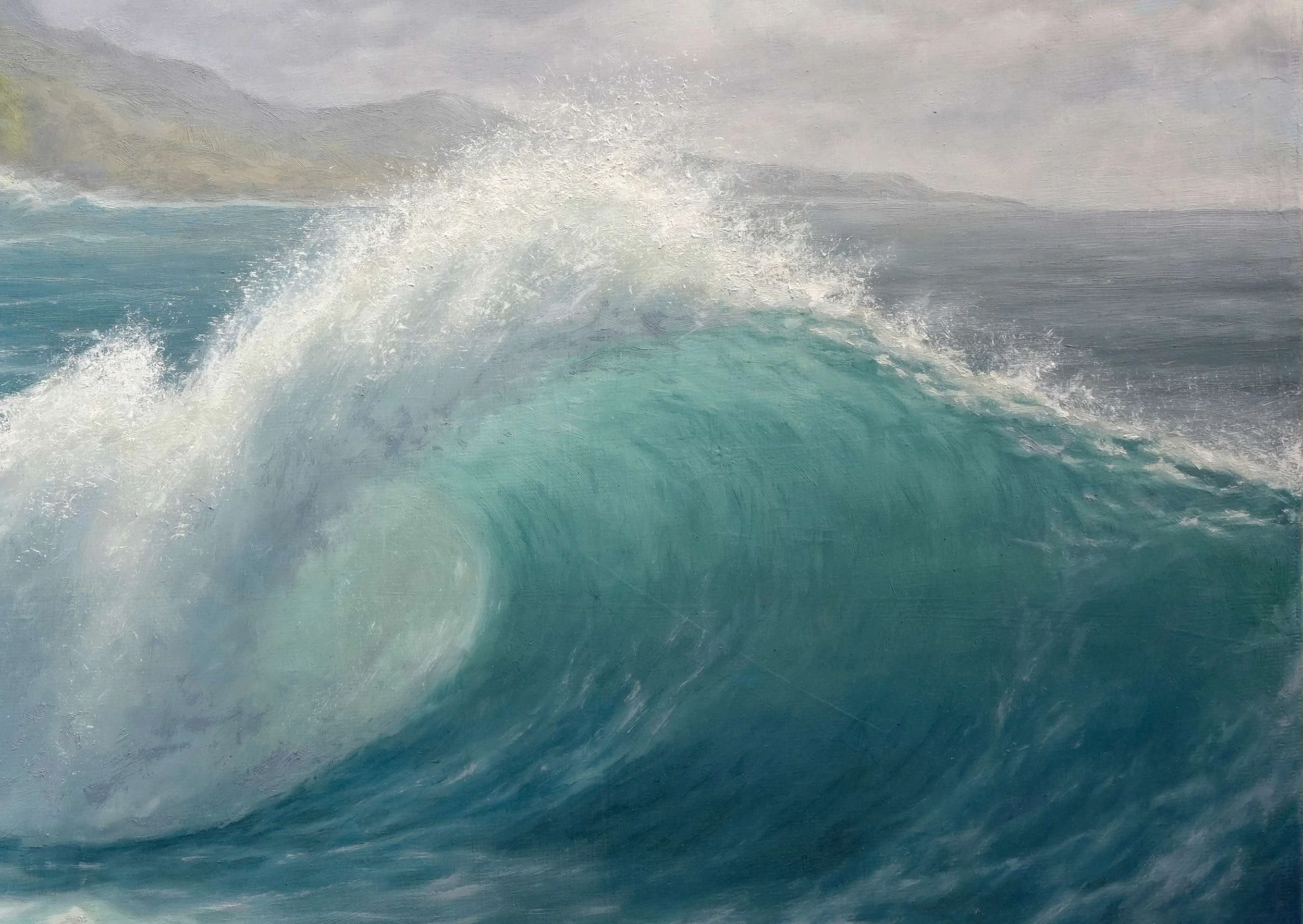 Painting of a large ocean wave with spray and foam, showing shades of blue and white.