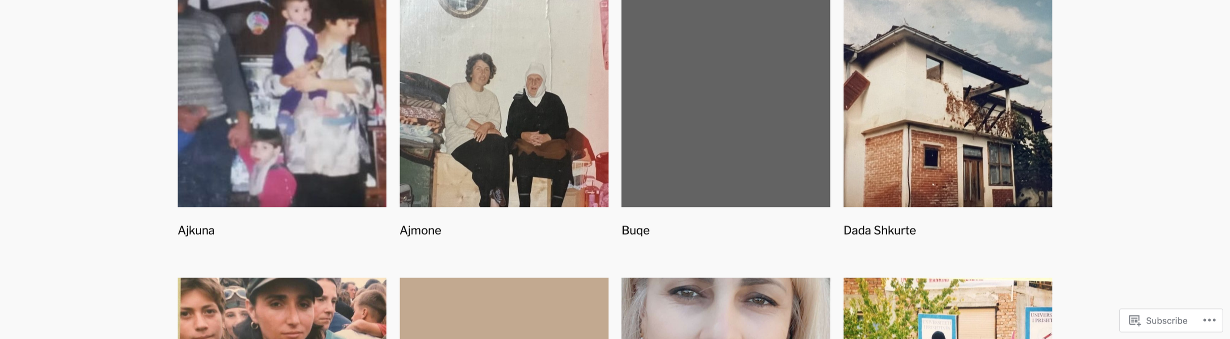 Photos of various people and a house. The first photo shows three women and a young girl. The second shows two women seated indoors. The third shows an exterior of a two-story house with a brick lower level and a white upper level, surrounded by trees.