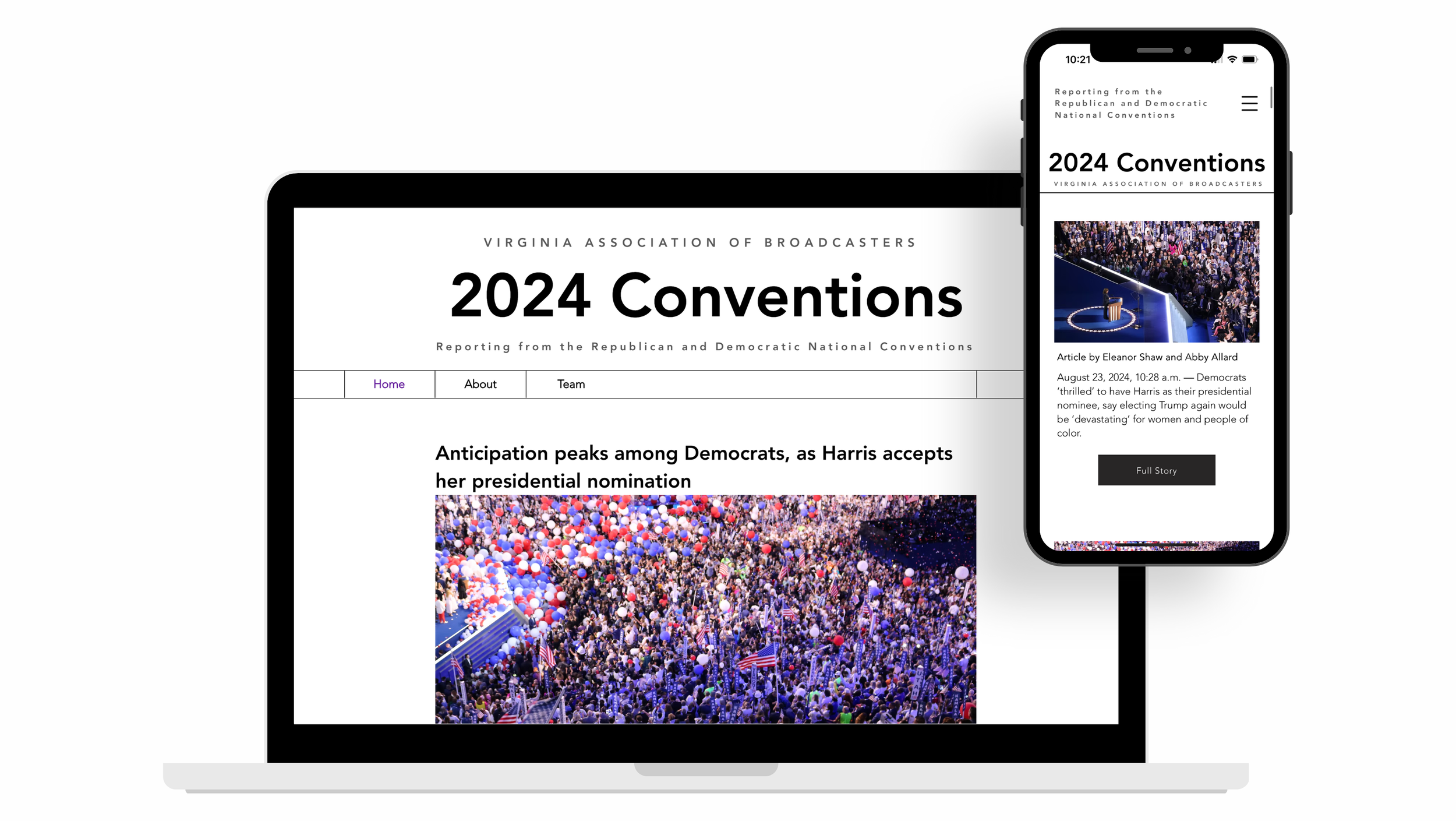 A laptop and smartphone displaying a webpage titled '2024 Conventions' by the Virginia Association of Broadcasters, featuring a large crowd with balloons, and an article snippet about the 2024 political conventions.