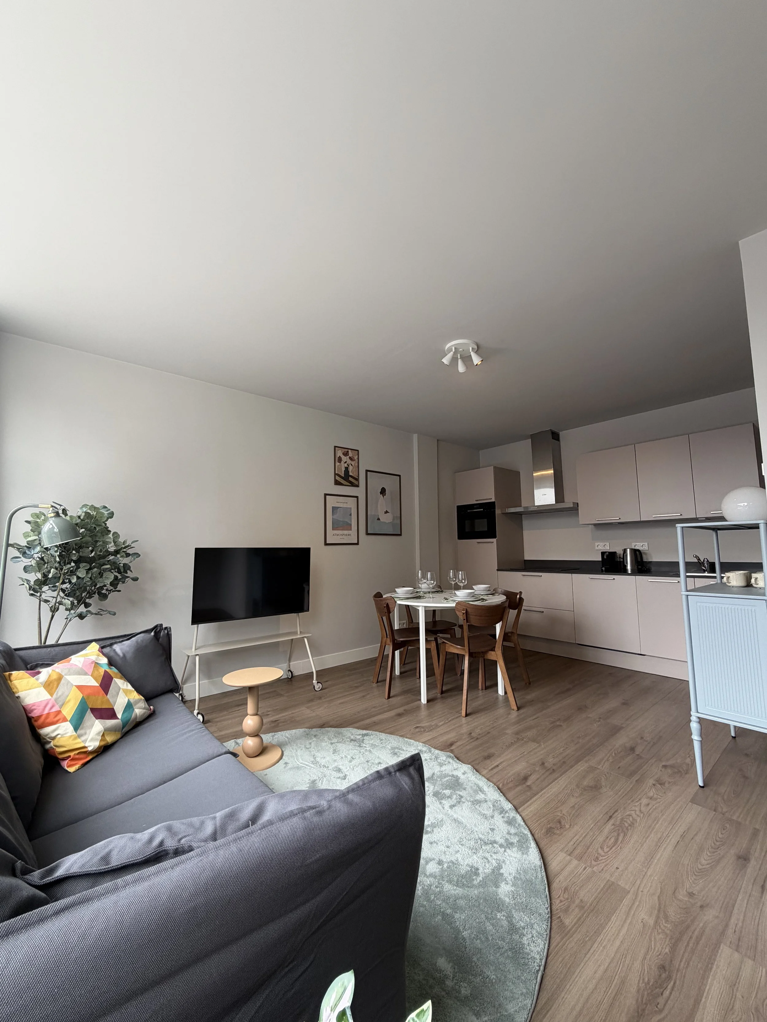 Een woonkamer met een zithoek, een tv, een groene plant, een ronde salontafel, een ronde groene vloerkleed, en een open keuken met eettafel en stoelen.