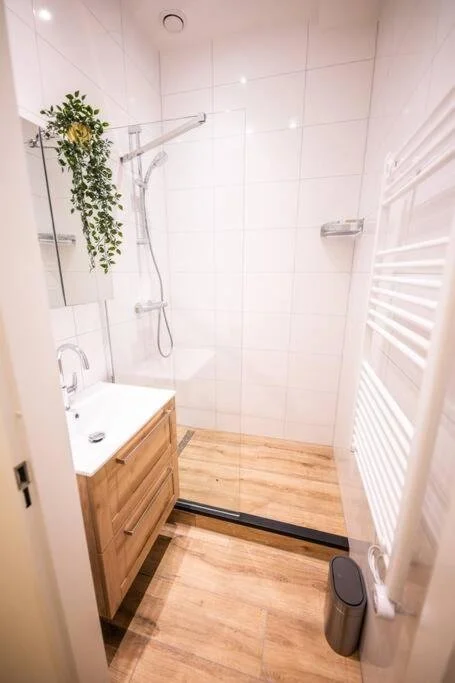 Badkamer met witte tegels, douche met glazen deur, houten wastafel met wasbak, spiegel en een plant. Ook een verwarming en een vuilnisbak zichtbaar.