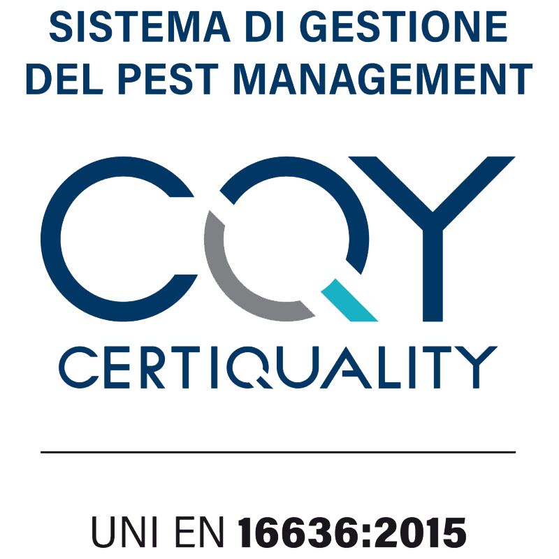 Testo in italiano che riassume il contenuto dell'immagine, riguardante un sistema di gestione del pest management e la certificazione CQY secondo UNI EN 16636:2015.