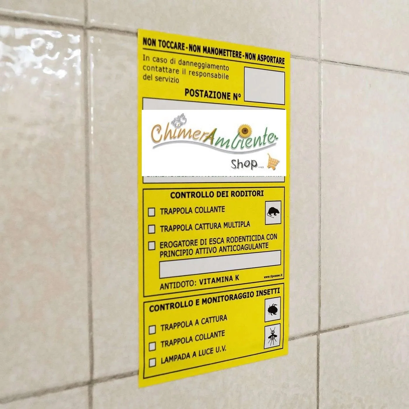 Cartello di Segnalazione Adesivo Giallo HACCP per Monitoraggio Roditori e Insetti