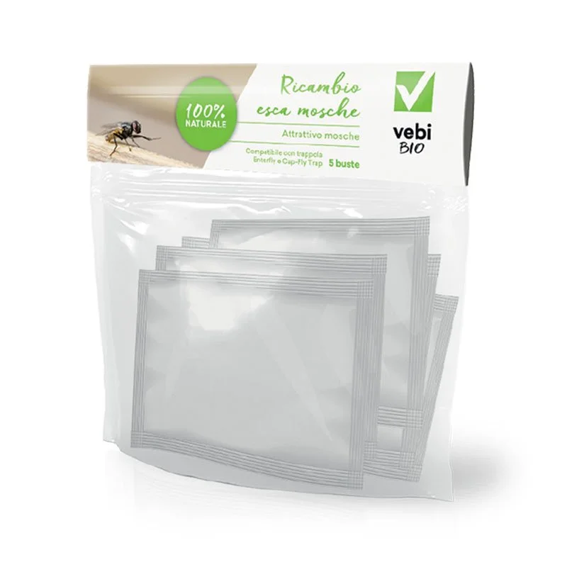 Refill-Fly Vebi – Richiamo Naturale per Mosche, 5 Bustine Polvere Solubile per Trappole, Uso Non Professionale