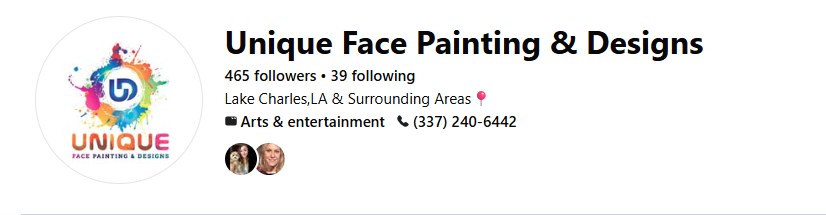 Facebook profile page for Unique Face Painting & Designs, featuring their logo with colorful paint splashes and a paintbrush icon, with contact information and location in Lake Charles, LA.