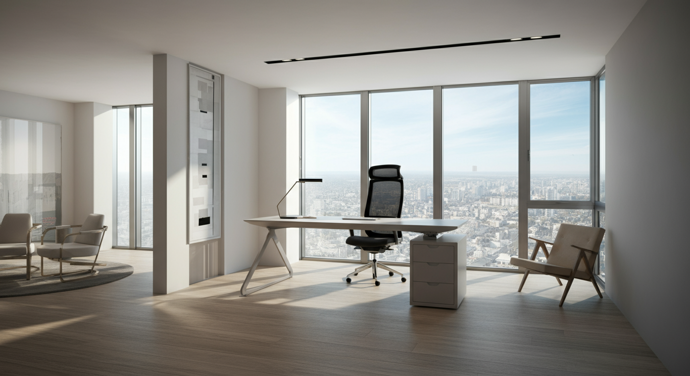 Modern office space with a white desk, black ergonomic chair, two beige armchairs, and a large floor-to-ceiling window with a city view.