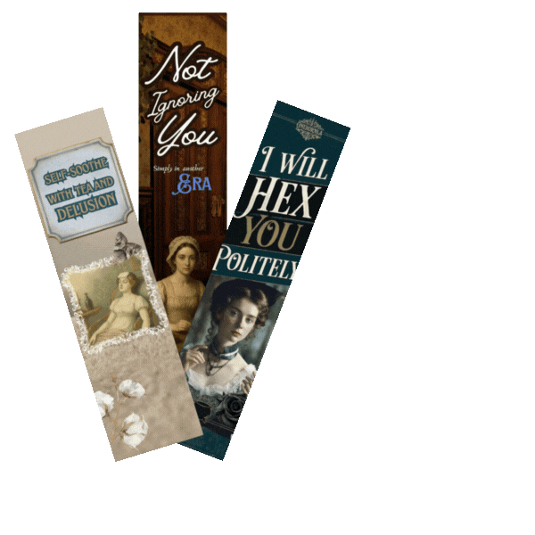 Three bookmarks with vintage and humorous designs placed on a beige background. The first features a quote about soothing with tea, a portrait of a woman, and cotton blossoms. The second says "Not Ignoring You" with a wooden background and antique decor. The third states "I Will Hex You Politely" with an image of a woman in vintage attire.