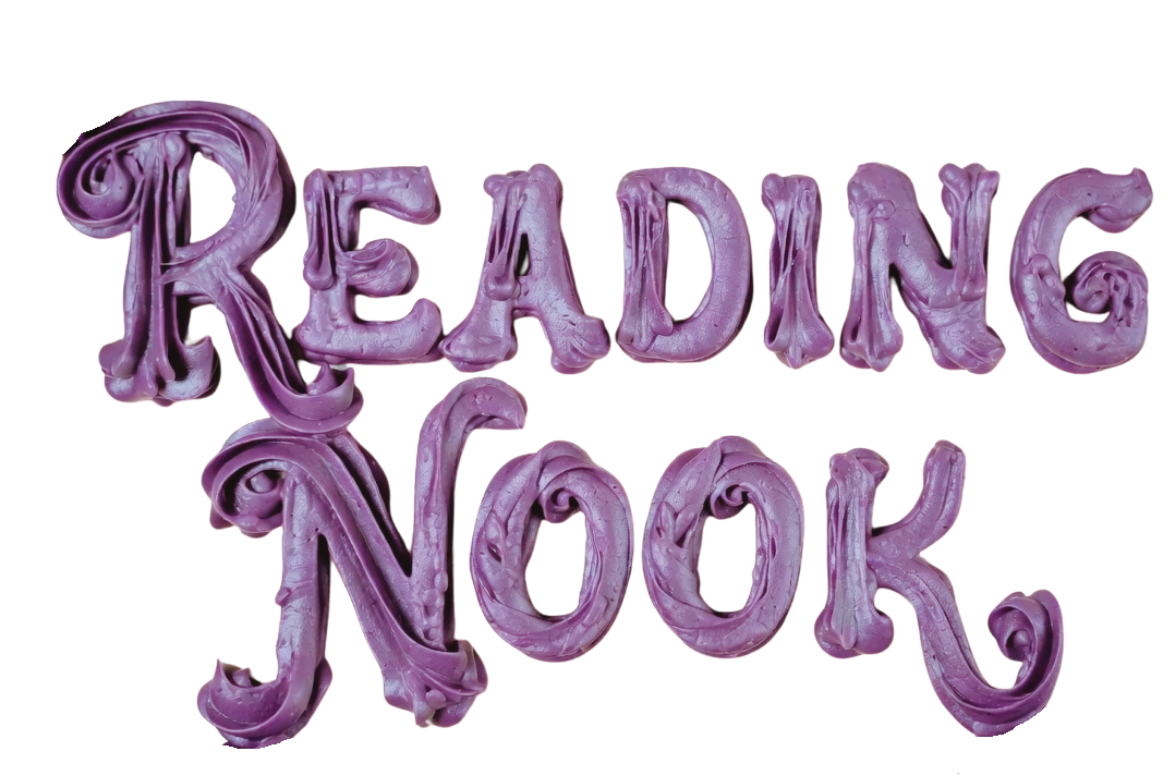 The phrase "READING ROOM" written in purple swirling, glossy 3D lettering.