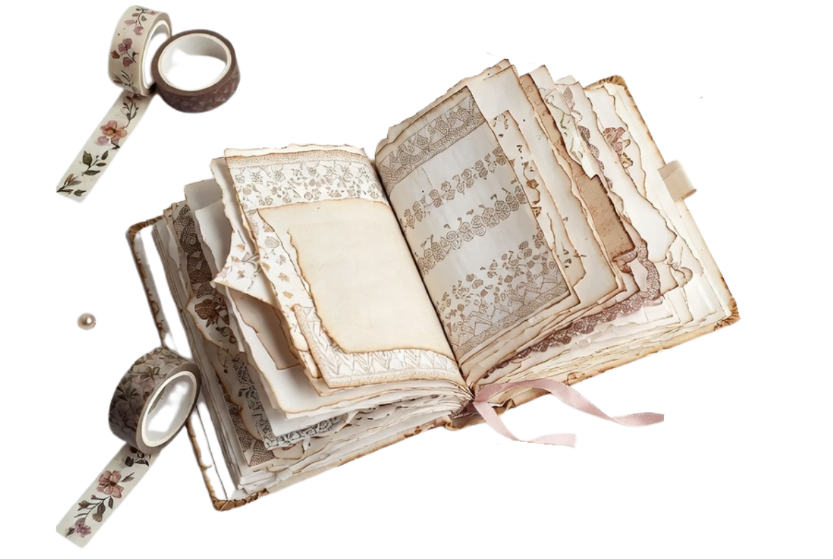 An open scrapbook or journal with vintage-style lace and floral paper pages, accompanied by two rolls of floral decorative tape.