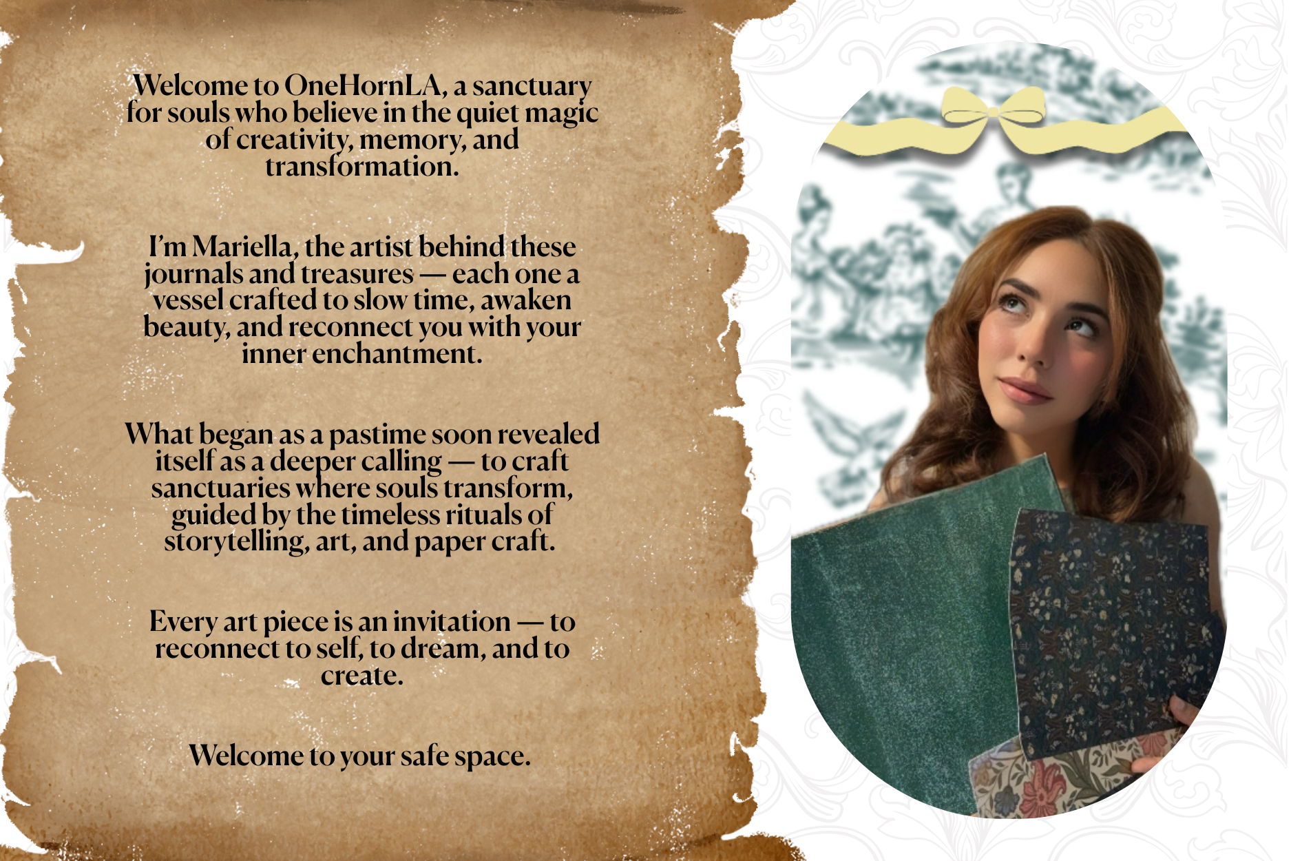 A woman with long brown hair and light skin holds three handmade journals or paper books with decorative covers. The background appears to be outdoors with blurred trees.