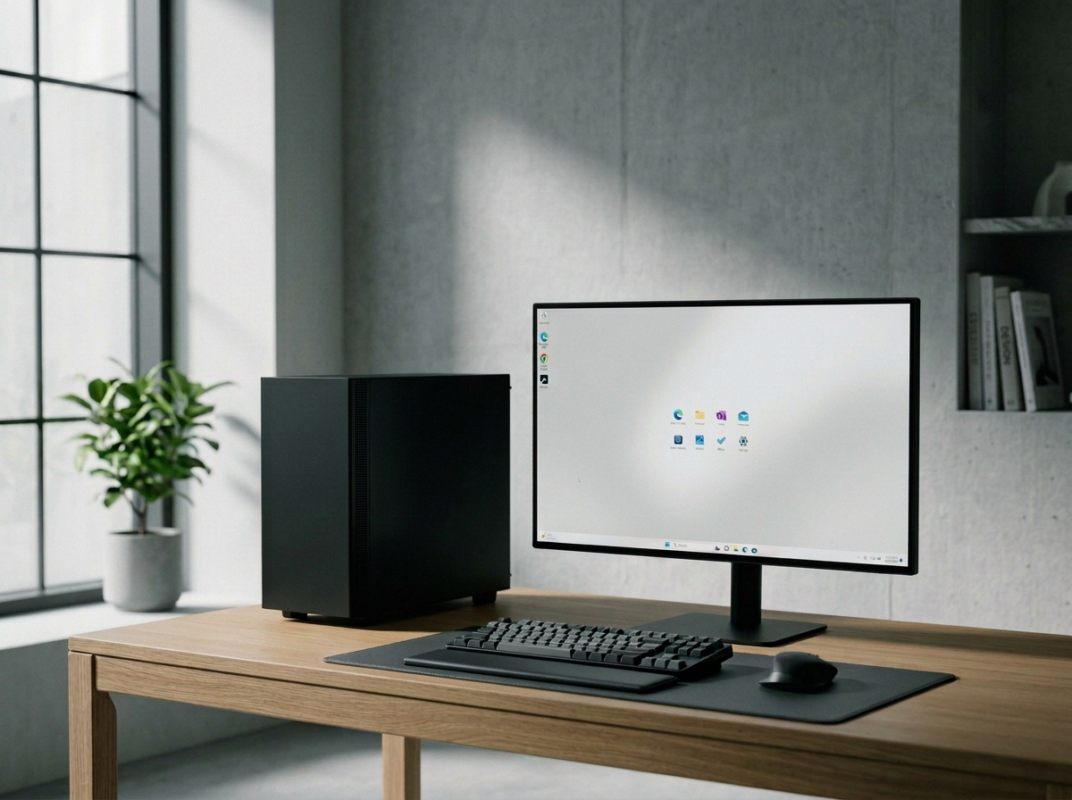 Bureau avec un ordinateur, un clavier, une souris, une petite bibliothèque et une plante dans une pièce lumineuse.
