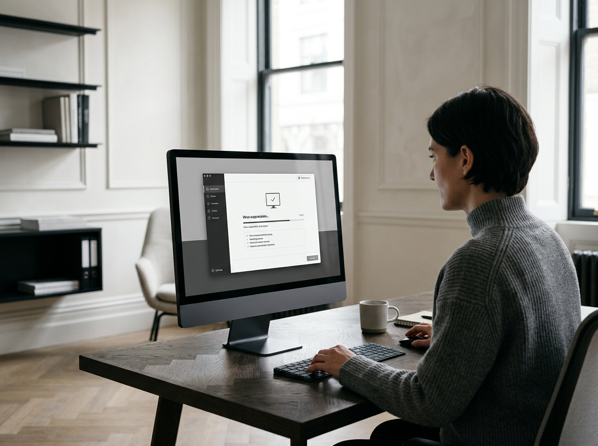 Une femme assise à un bureau de bois, utilisant un ordinateur de bureau pour effectuer un scan antivirus, avec une tasse blanche à côté d'elle, dans une pièce lumineuse avec de grandes fenêtres.