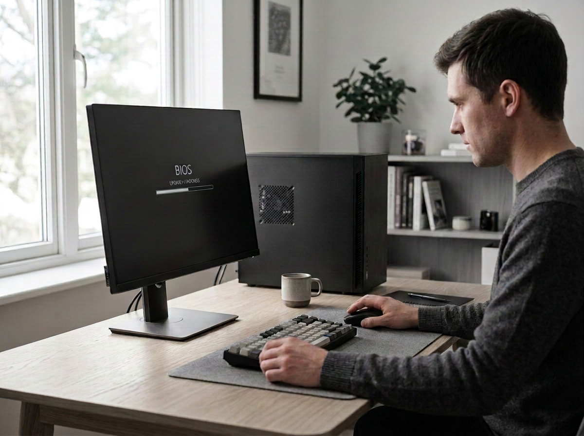 Un homme utilise un ordinateur de bureau avec un écran noir, une clé USB, et une tasse sur un bureau en bois clair dans une pièce lumineuse avec une fenêtre et des étagères en arrière-plan.