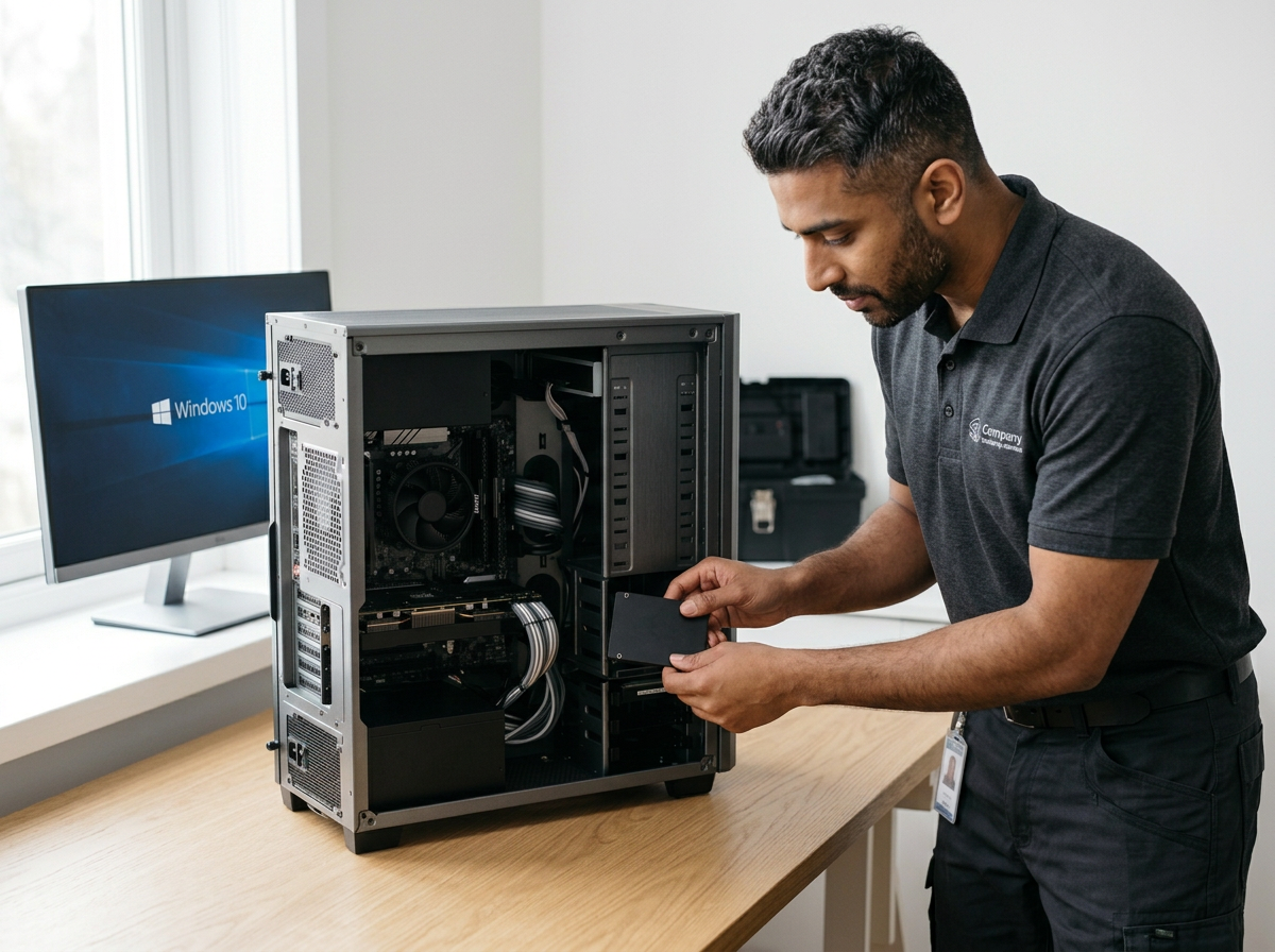 Un homme assemble ou vérifie un ordinateur de bureau sur un bureau en bois, à côté d'un moniteur Windows 10.