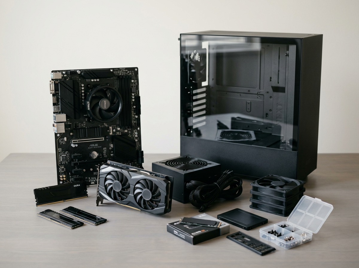 Composants informatiques pour construire un ordinateur, y compris une carte mère, une carte graphique, un bloc d'alimentation, plusieurs ventilos, un disque dur SSD, de la RAM, et un boîtier pc avec fenêtre en verre