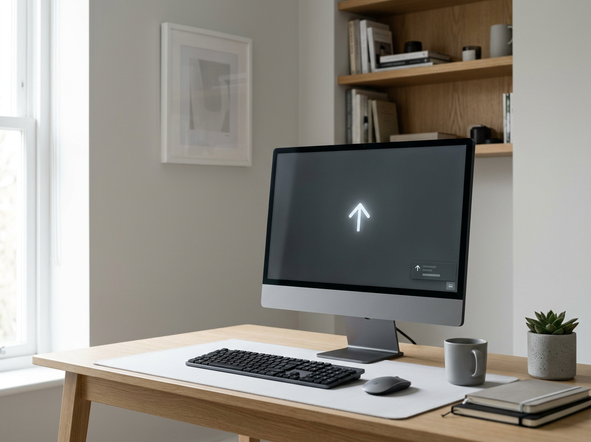 Un bureau avec un ordinateur portable, un clavier, une souris, une tasse, un livre et une petite plante, dans une pièce lumineuse.