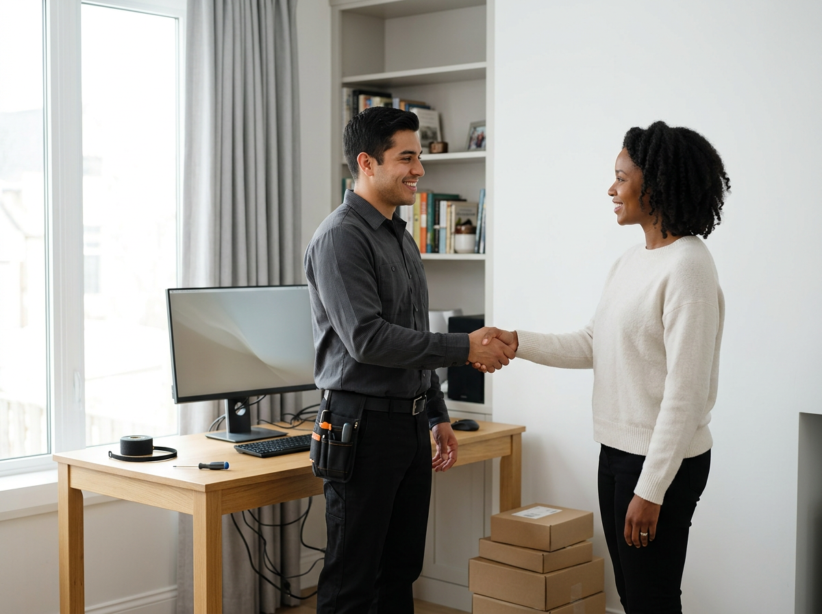 Deux personnes se serrent la main dans un bureau, un homme et une femme. La femme sourit, l'homme porte un sac à outils.