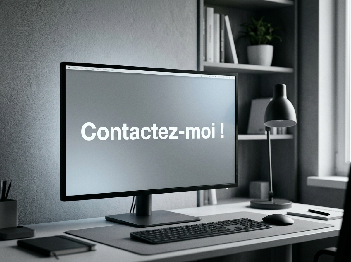 Un bureau avec un écran d'ordinateur affichant « Contactez-moi ! » en français, une lampe de bureau, une souris, un clavier, et une étagère avec des livres et une plante en arrière-plan.