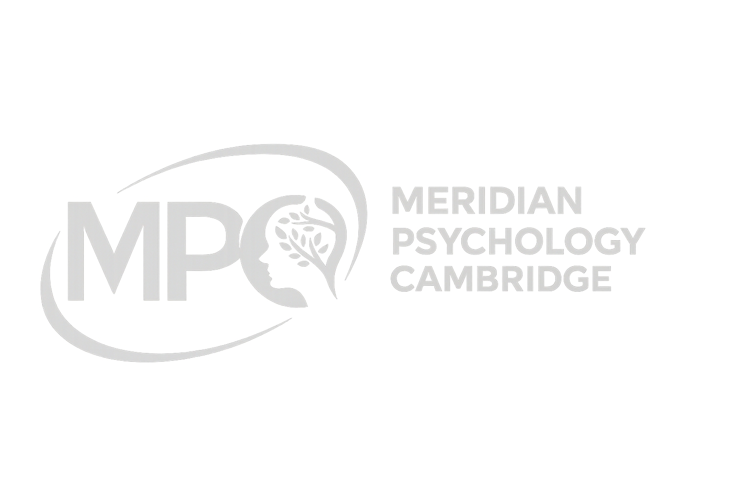 Logo for Meridian Psychology Cambridge featuring the initials MP, a stylized profile of a human face with a brain depicted by leaf-like structures, and the text 'MERIDIAN PSYCHOLOGY CAMBRIDGE'.