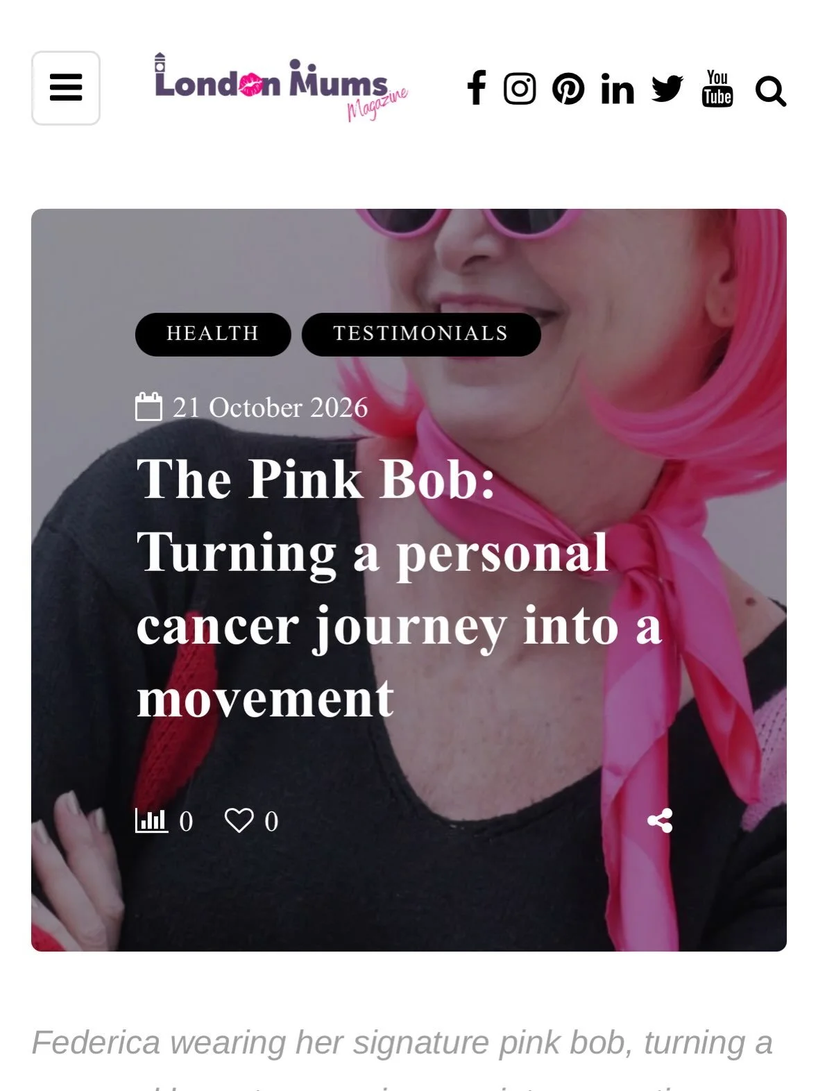 A lovely article in London Mums Magazine about The Pink Bob! 💗

A huge thank you to Francesca Olivieri, Monica Costa and the editorial team for giving visibility to our cause and helping us spread the message of breast cancer awareness and early det