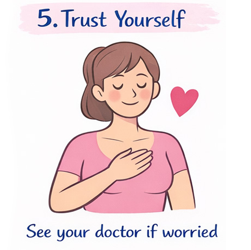 Illustration of a woman with her hand over her heart, smiling softly with eyes closed, wearing a pink shirt, with a pink heart nearby. Text at the top reads "5. Trust Yourself" and at the bottom says "See your doctor if worried."