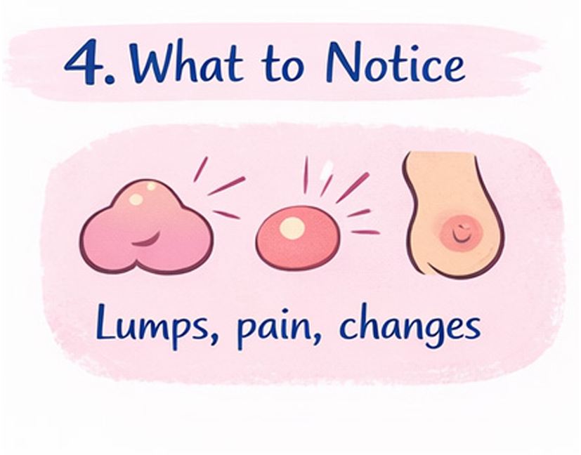 Illustration of three different breast changes: lumps, pain, and changes, with labels highlighting these symptoms.