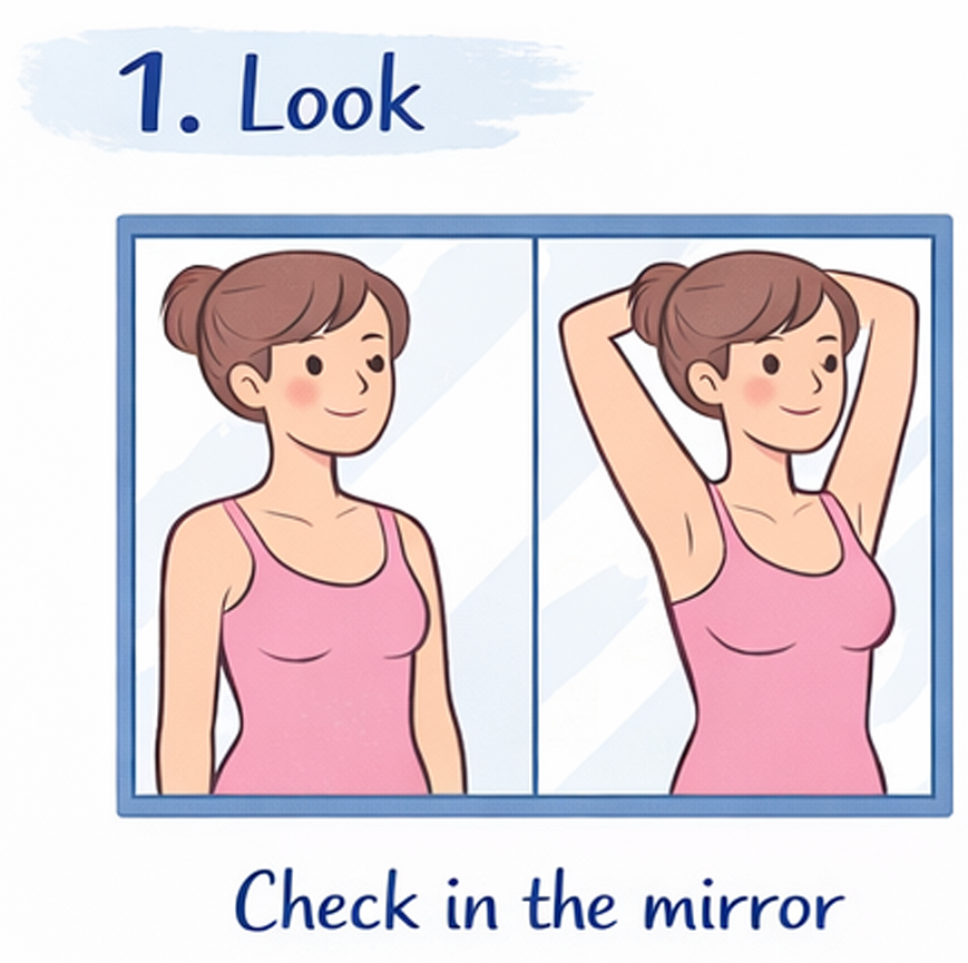A woman looking at herself in the mirror, with the left image showing her with her arms down and the right image showing her with her arms raised behind her head.