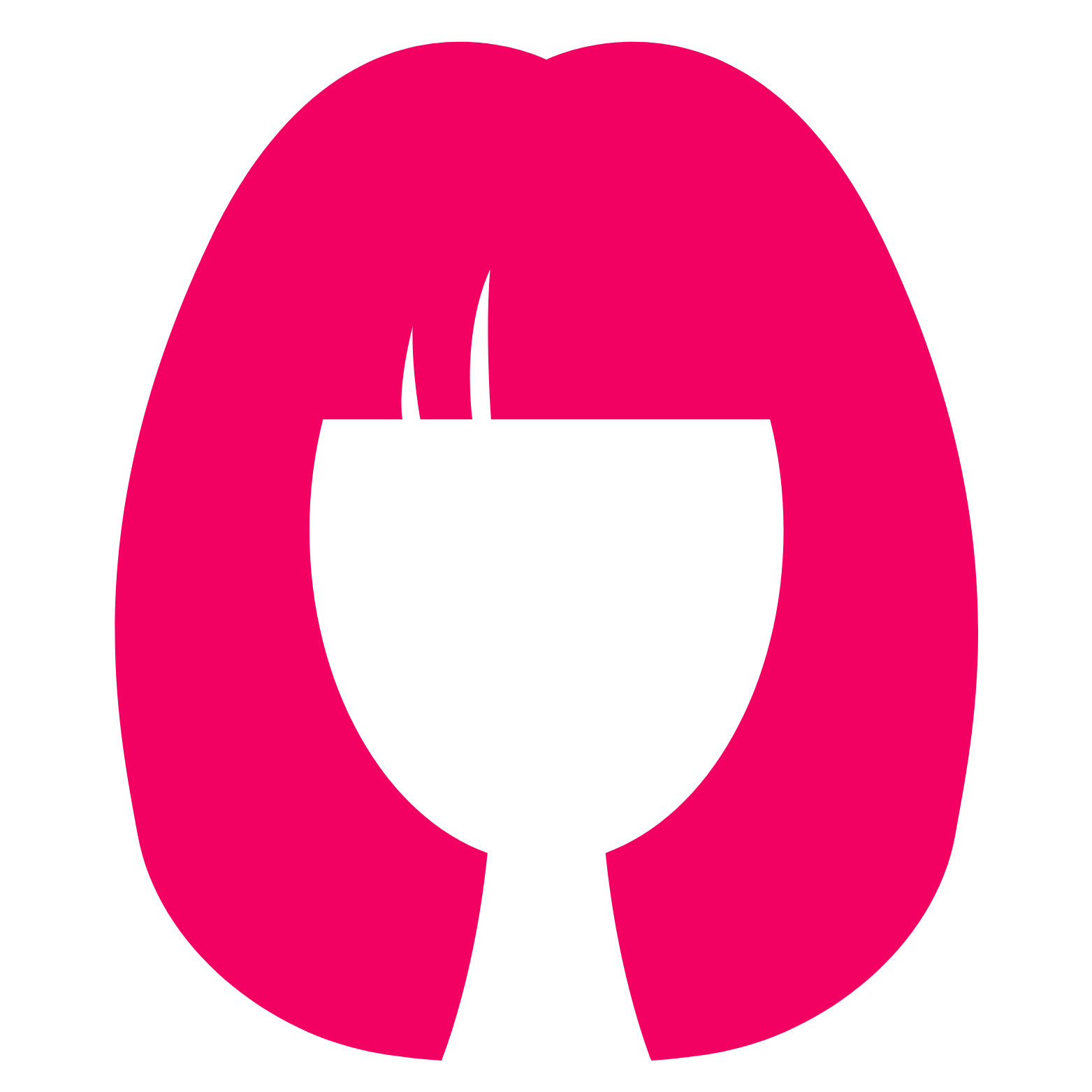 Graphic of a woman's head with pink hair and bangs, centered on a white background.